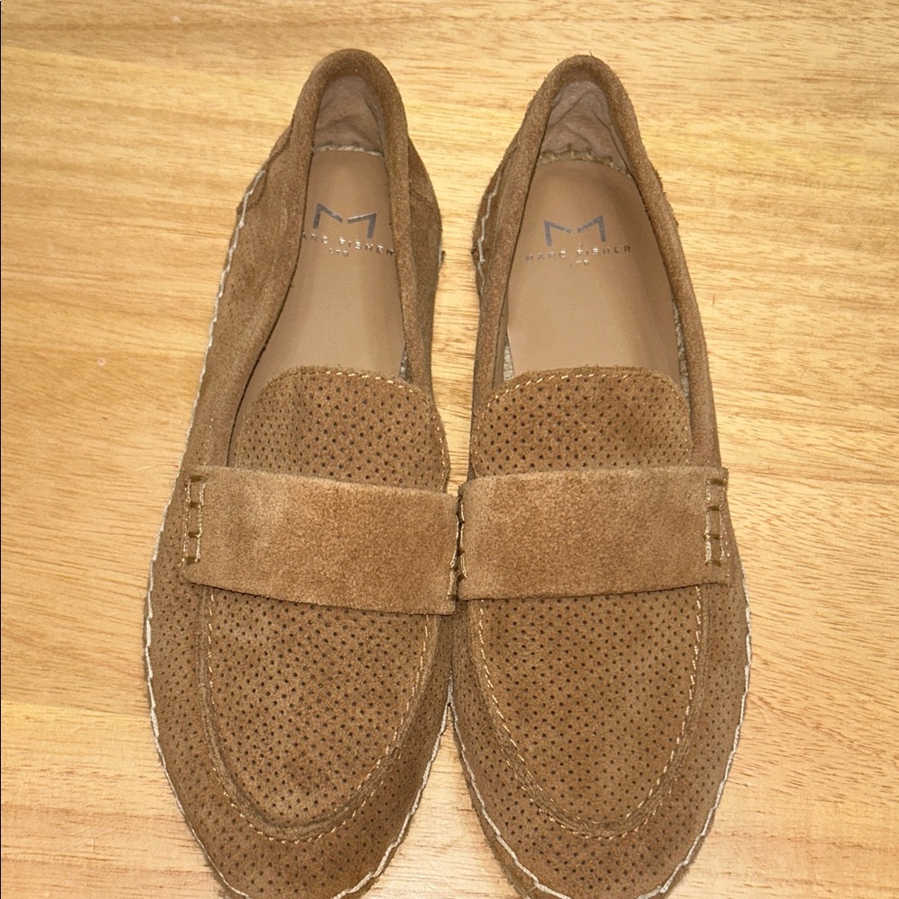 Marc Fisher Perforated Suede Penny Loafers in Camel Brown